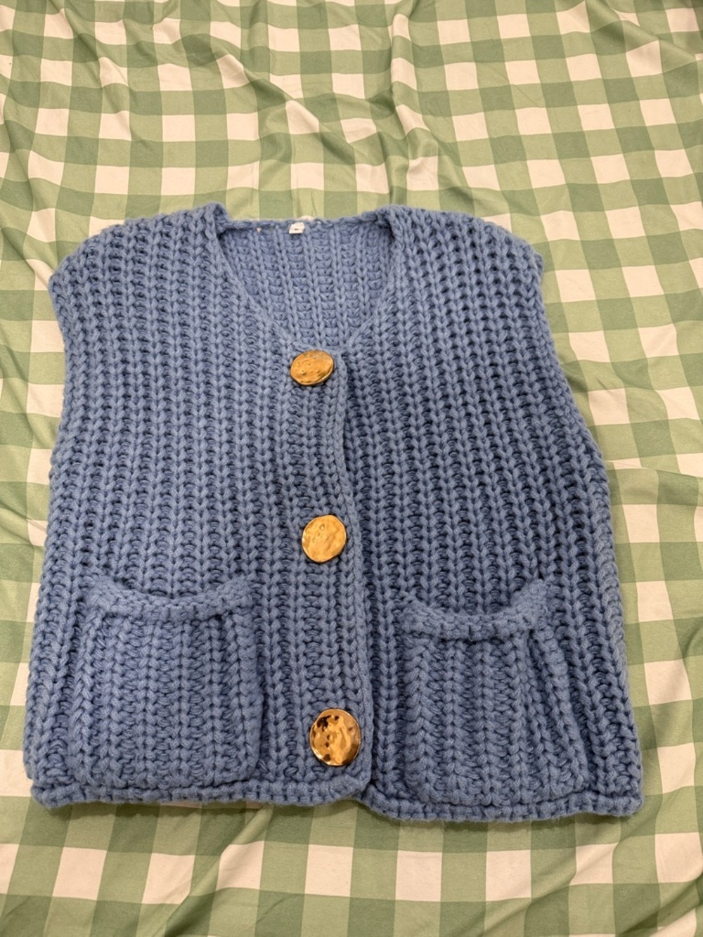 Chunky Blue Knit Button Vest Sweater